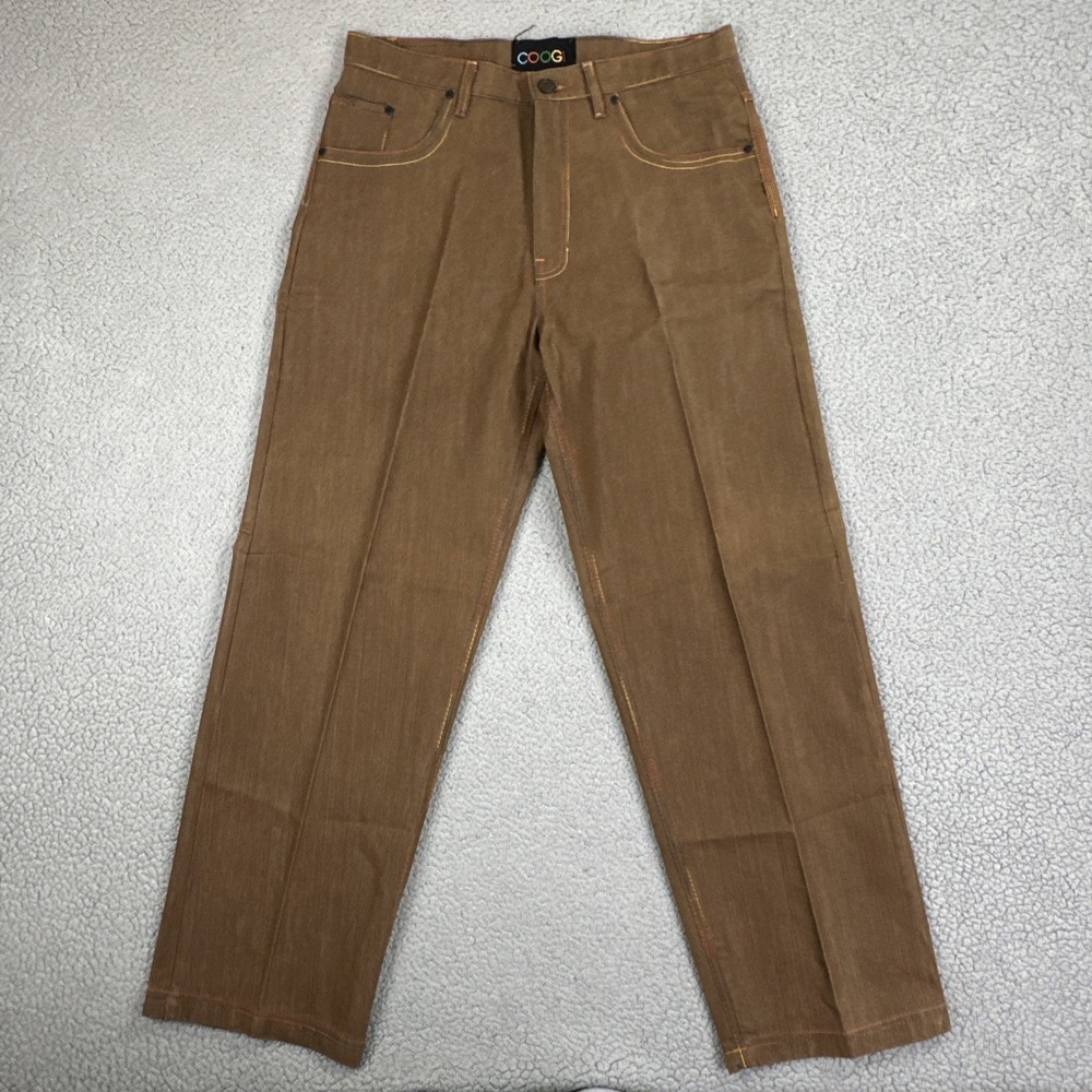 Y2K COOGI Baggy Wide Leg Jeans Men 36 Brown Embroidered Pocket Hip Hop Denim